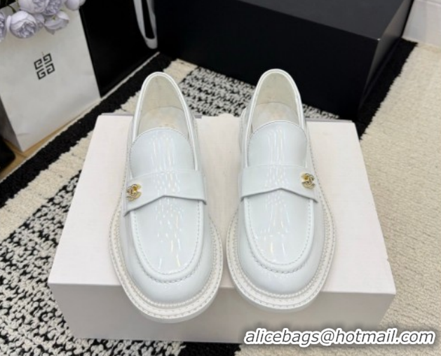 Shop Duplicate Chanel Calfskin Leather Loafers with Strass CC Strap G46995 White 2026