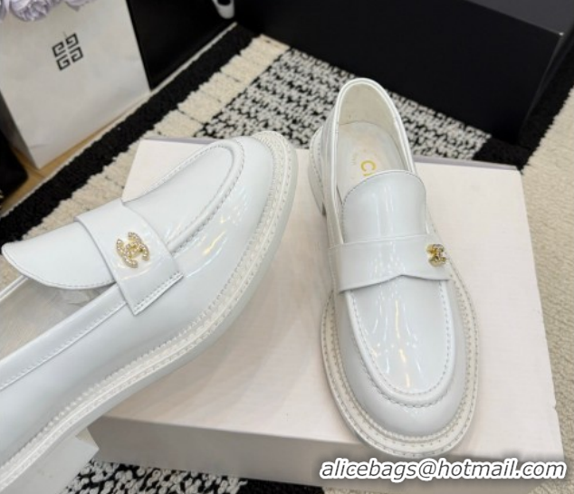 Shop Duplicate Chanel Calfskin Leather Loafers with Strass CC Strap G46995 White 2026