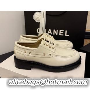 Luxurious Chanel Shiny Calfskin Leather Laced-up Shoes CH030615 White 2026