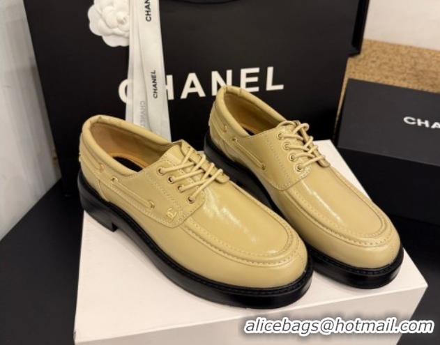 Luxury Cheap Chanel Shiny Calfskin Leather Laced-up Shoes CH030615 Beige 2026