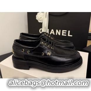 Buy Luxury Chanel Shiny Calfskin Leather Laced-up Shoes CH030615 Black 2026