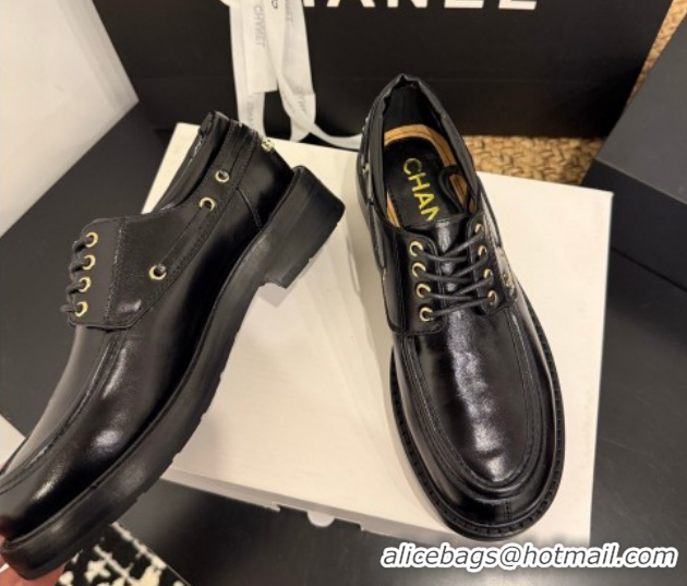 Buy Luxury Chanel Shiny Calfskin Leather Laced-up Shoes CH030615 Black 2026