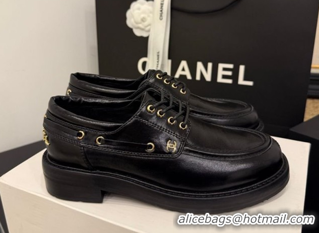 Buy Luxury Chanel Shiny Calfskin Leather Laced-up Shoes CH030615 Black 2026