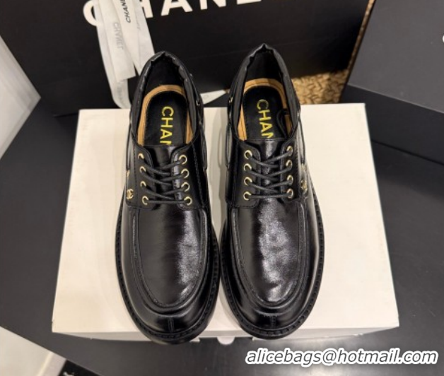 Buy Luxury Chanel Shiny Calfskin Leather Laced-up Shoes CH030615 Black 2026