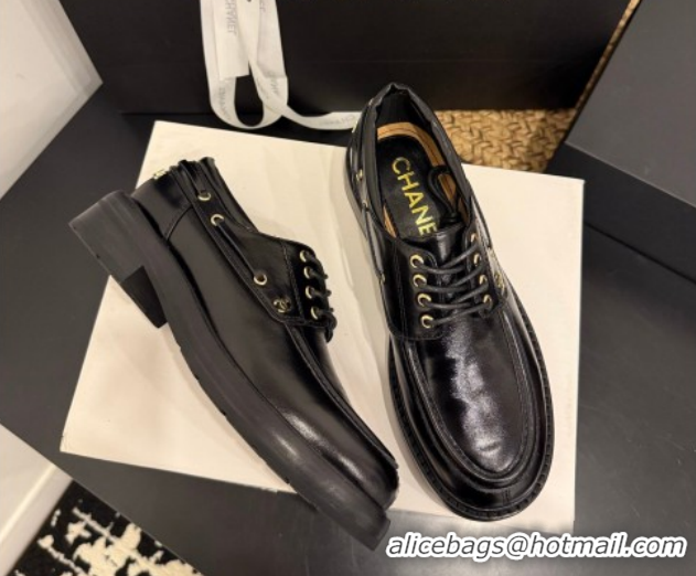 Buy Luxury Chanel Shiny Calfskin Leather Laced-up Shoes CH030615 Black 2026
