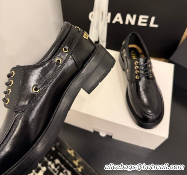 Buy Luxury Chanel Shiny Calfskin Leather Laced-up Shoes CH030615 Black 2026