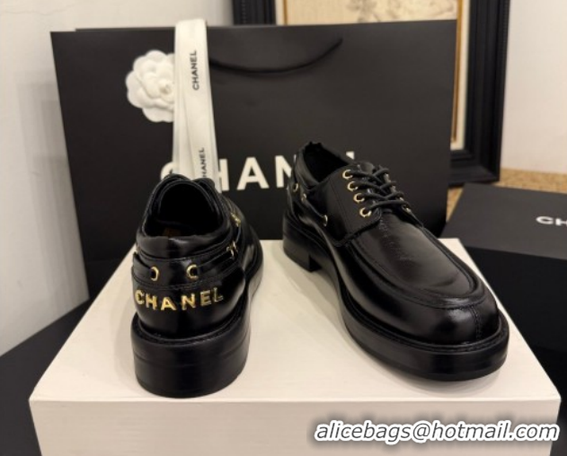 Buy Luxury Chanel Shiny Calfskin Leather Laced-up Shoes CH030615 Black 2026