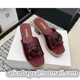 Sumptuous Chanel Patent Leather Heel Slides Sandal with Camellia CH030616 Burgundy 2026
