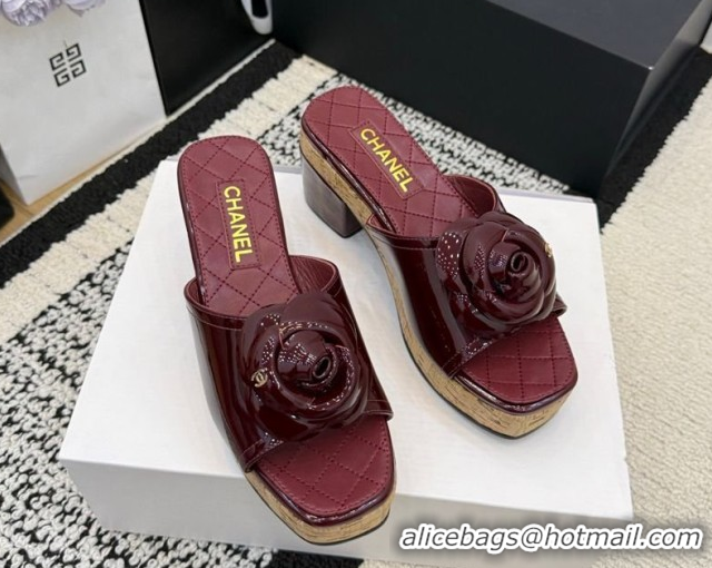 Sumptuous Chanel Patent Leather Heel Slides Sandal with Camellia CH030616 Burgundy 2026