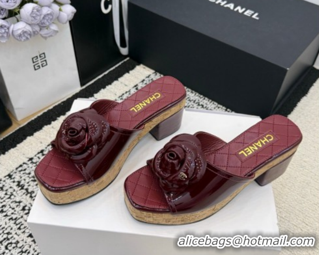 Sumptuous Chanel Patent Leather Heel Slides Sandal with Camellia CH030616 Burgundy 2026