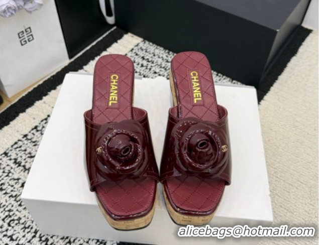 Sumptuous Chanel Patent Leather Heel Slides Sandal with Camellia CH030616 Burgundy 2026