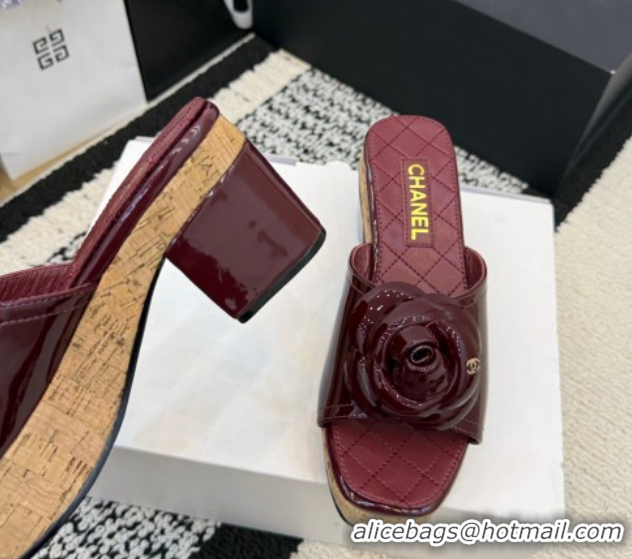 Sumptuous Chanel Patent Leather Heel Slides Sandal with Camellia CH030616 Burgundy 2026