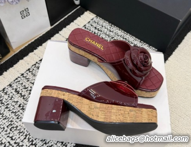 Sumptuous Chanel Patent Leather Heel Slides Sandal with Camellia CH030616 Burgundy 2026