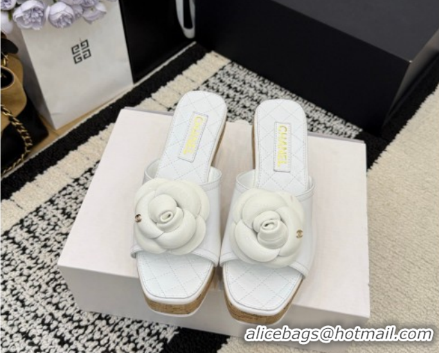 Shop Cheap Chanel Patent Leather Heel Slides Sandal with Camellia CH030616 White 2026