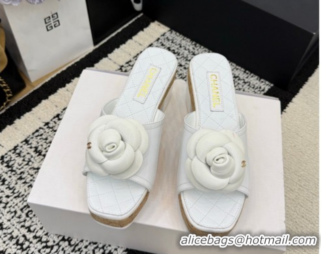 Shop Cheap Chanel Patent Leather Heel Slides Sandal with Camellia CH030616 White 2026