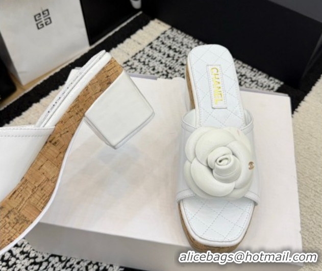 Shop Cheap Chanel Patent Leather Heel Slides Sandal with Camellia CH030616 White 2026