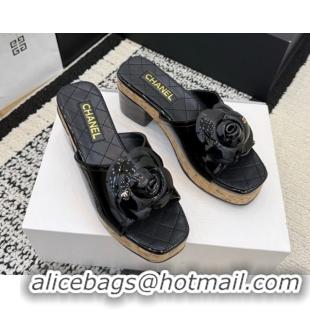 Good Looking Chanel Patent Leather Heel Slides Sandal with Camellia CH030616 Black 2026