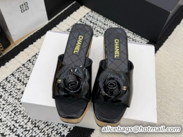 Good Looking Chanel Patent Leather Heel Slides Sandal with Camellia CH030616 Black 2026