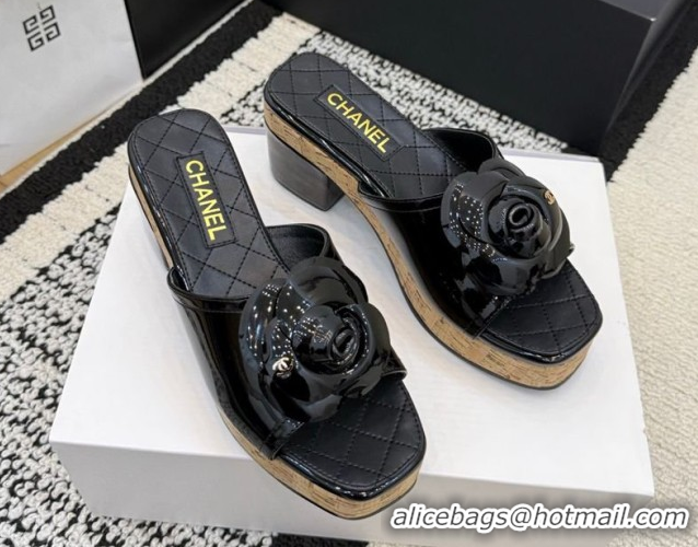 Good Looking Chanel Patent Leather Heel Slides Sandal with Camellia CH030616 Black 2026