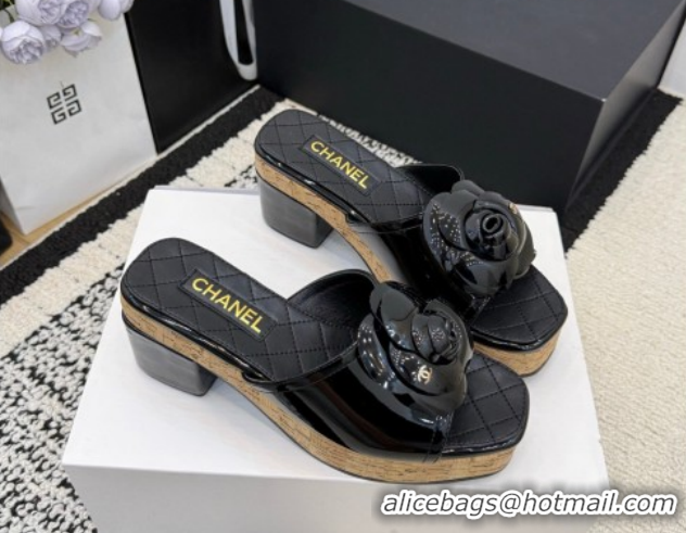Good Looking Chanel Patent Leather Heel Slides Sandal with Camellia CH030616 Black 2026