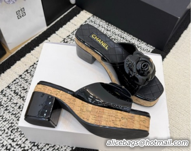 Good Looking Chanel Patent Leather Heel Slides Sandal with Camellia CH030616 Black 2026