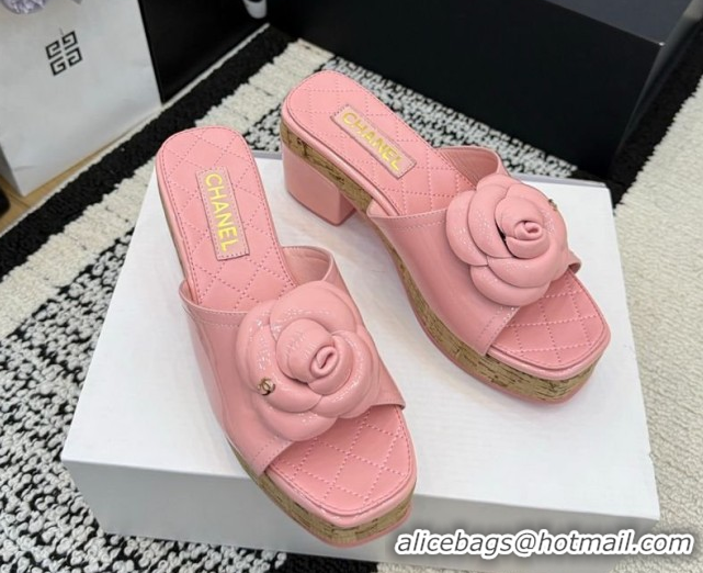 Purchase Chanel Patent Leather Heel Slides Sandal with Camellia CH030616 Pink 2026