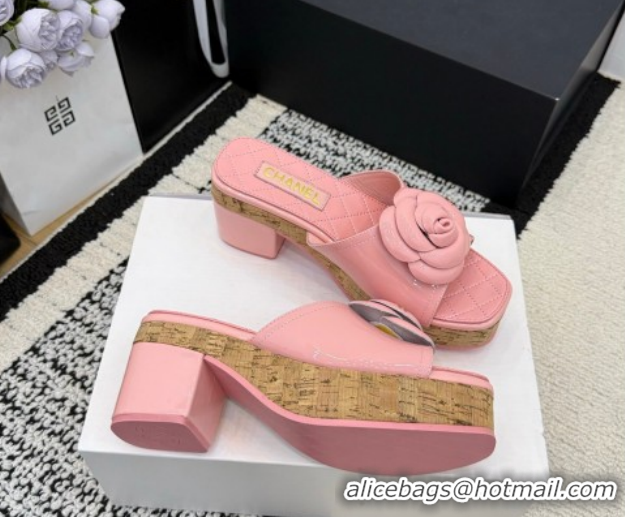 Purchase Chanel Patent Leather Heel Slides Sandal with Camellia CH030616 Pink 2026
