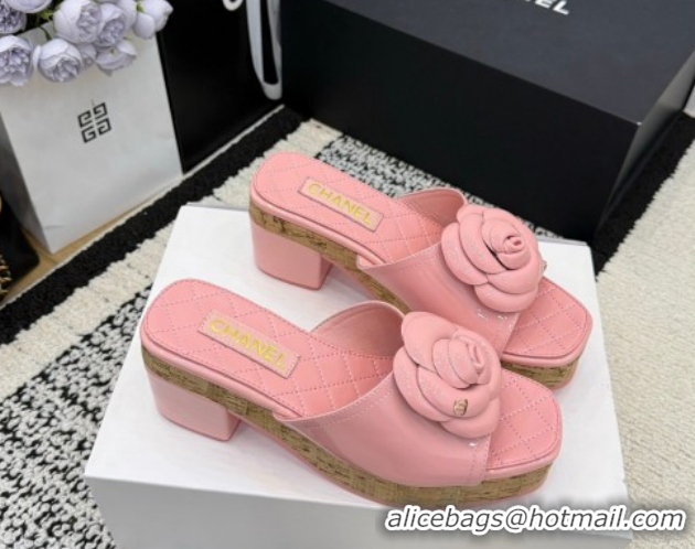 Purchase Chanel Patent Leather Heel Slides Sandal with Camellia CH030616 Pink 2026