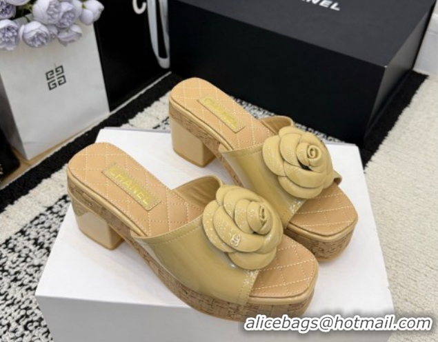 Low Price Chanel Patent Leather Heel Slides Sandal with Camellia CH030616 Beige 2026