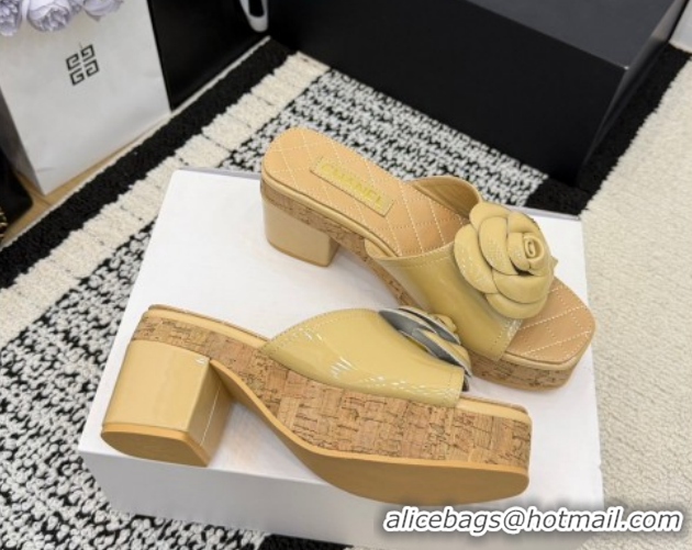 Low Price Chanel Patent Leather Heel Slides Sandal with Camellia CH030616 Beige 2026