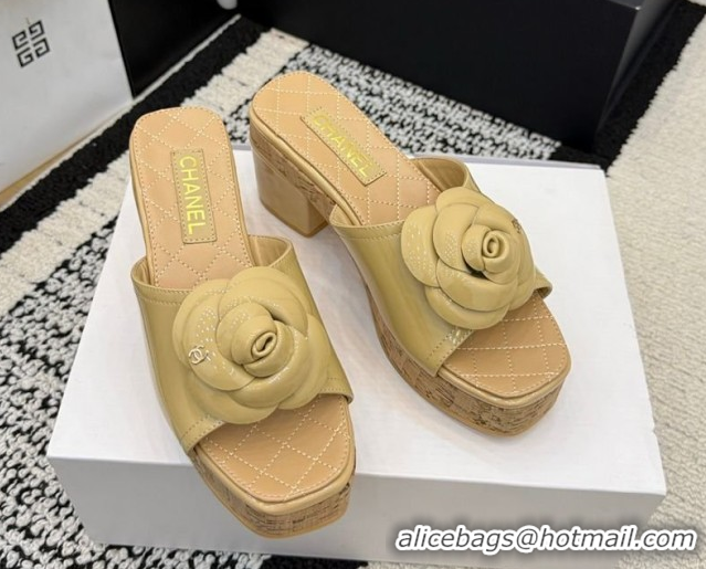 Low Price Chanel Patent Leather Heel Slides Sandal with Camellia CH030616 Beige 2026