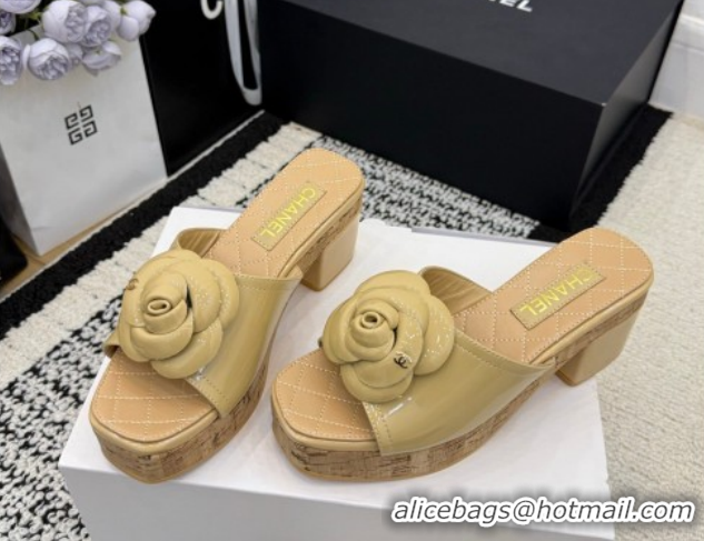Low Price Chanel Patent Leather Heel Slides Sandal with Camellia CH030616 Beige 2026