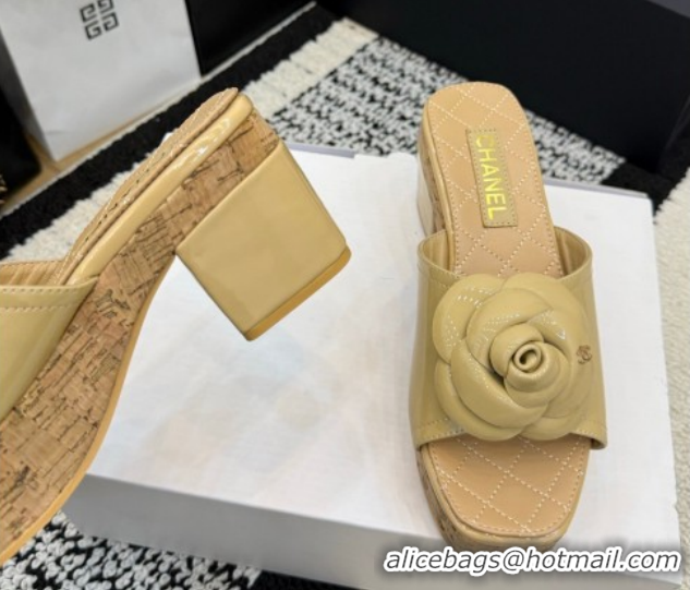 Low Price Chanel Patent Leather Heel Slides Sandal with Camellia CH030616 Beige 2026