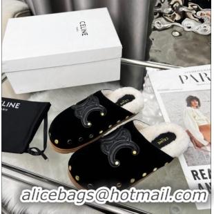 Promotional Celine Pitea Clog Flat Mules in Suede and Wool with Studs 124055 Black