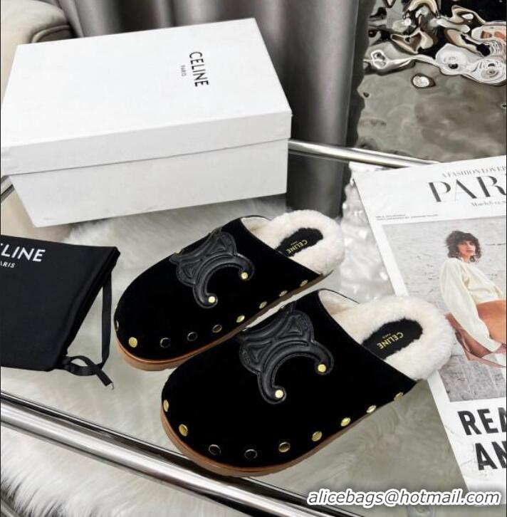 Promotional Celine Pitea Clog Flat Mules in Suede and Wool with Studs 124055 Black