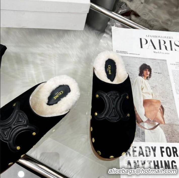 Promotional Celine Pitea Clog Flat Mules in Suede and Wool with Studs 124055 Black