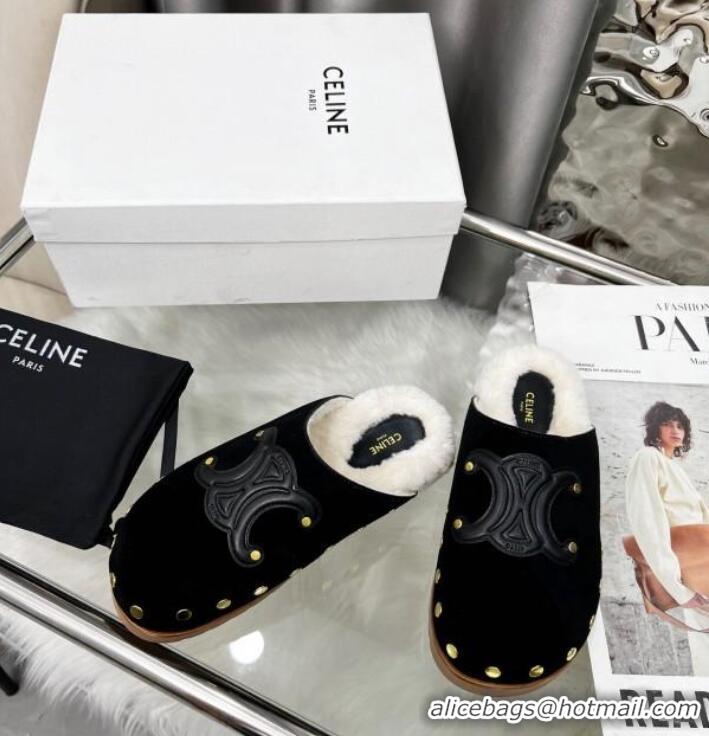 Promotional Celine Pitea Clog Flat Mules in Suede and Wool with Studs 124055 Black
