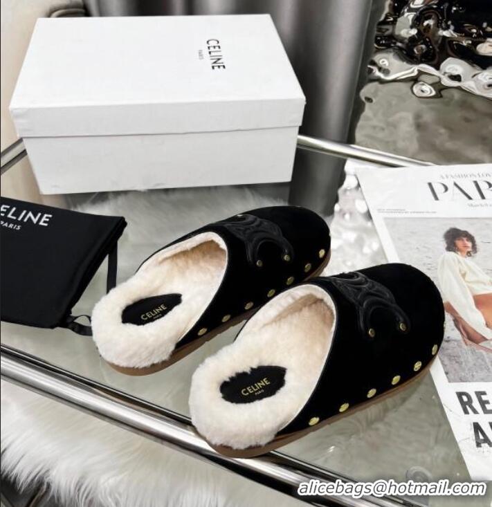 Promotional Celine Pitea Clog Flat Mules in Suede and Wool with Studs 124055 Black