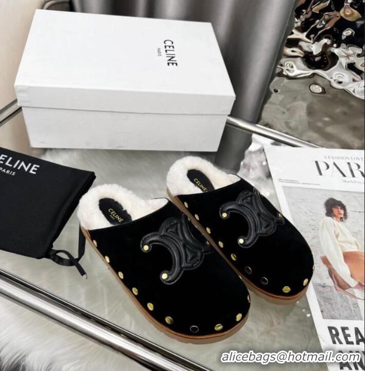 Promotional Celine Pitea Clog Flat Mules in Suede and Wool with Studs 124055 Black