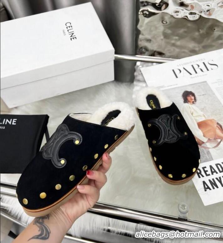 Promotional Celine Pitea Clog Flat Mules in Suede and Wool with Studs 124055 Black