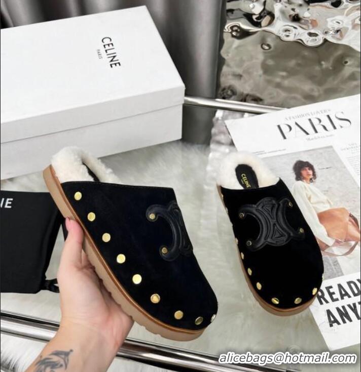 Promotional Celine Pitea Clog Flat Mules in Suede and Wool with Studs 124055 Black