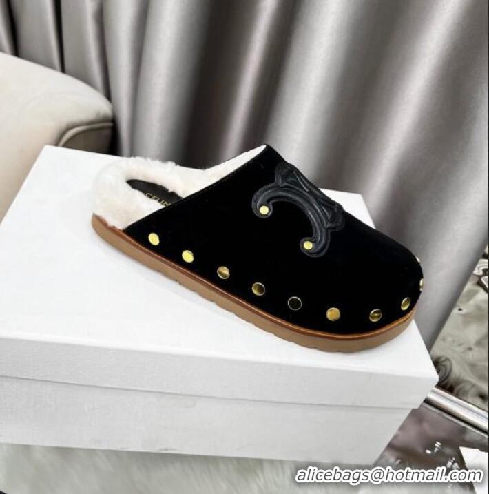 Promotional Celine Pitea Clog Flat Mules in Suede and Wool with Studs 124055 Black
