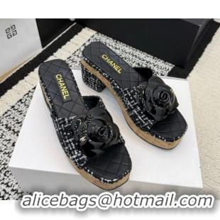 Unique Style Chanel Tweed Heel Slides Sandal with Camellia CH030616 Black/White 2026