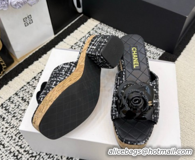 Unique Style Chanel Tweed Heel Slides Sandal with Camellia CH030616 Black/White 2026