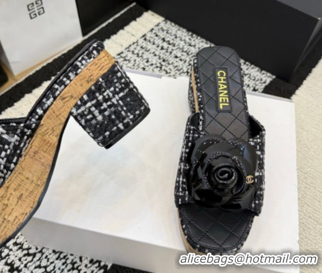 Unique Style Chanel Tweed Heel Slides Sandal with Camellia CH030616 Black/White 2026