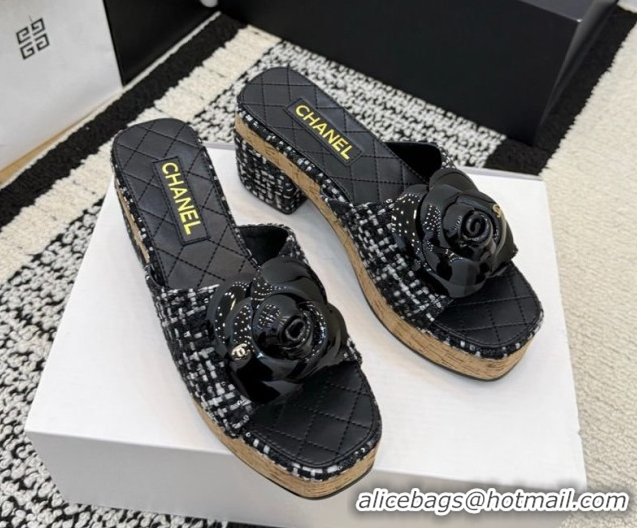 Unique Style Chanel Tweed Heel Slides Sandal with Camellia CH030616 Black/White 2026