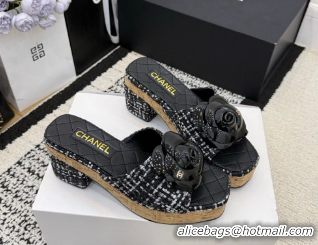 Unique Style Chanel Tweed Heel Slides Sandal with Camellia CH030616 Black/White 2026