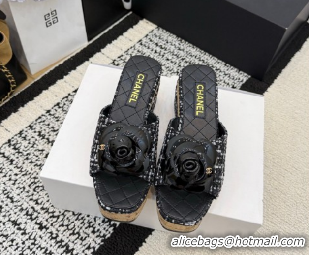 Unique Style Chanel Tweed Heel Slides Sandal with Camellia CH030616 Black/White 2026