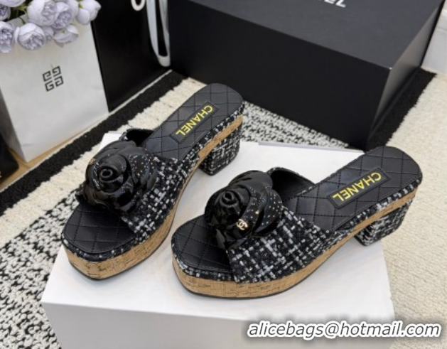Unique Style Chanel Tweed Heel Slides Sandal with Camellia CH030616 Black/White 2026