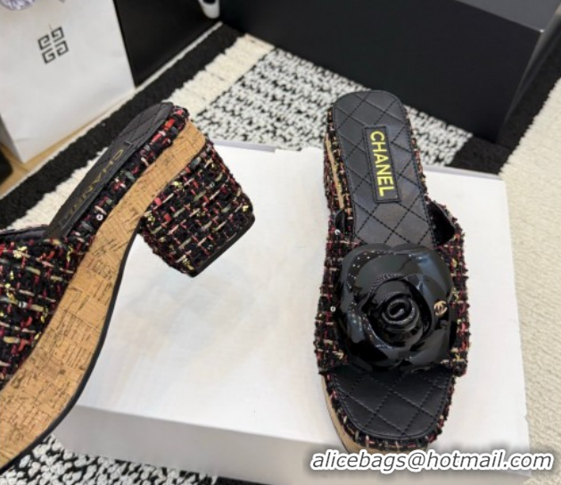 Good Looking Chanel Tweed Heel Slides Sandal with Camellia CH030616 Red/Multicolor 2026